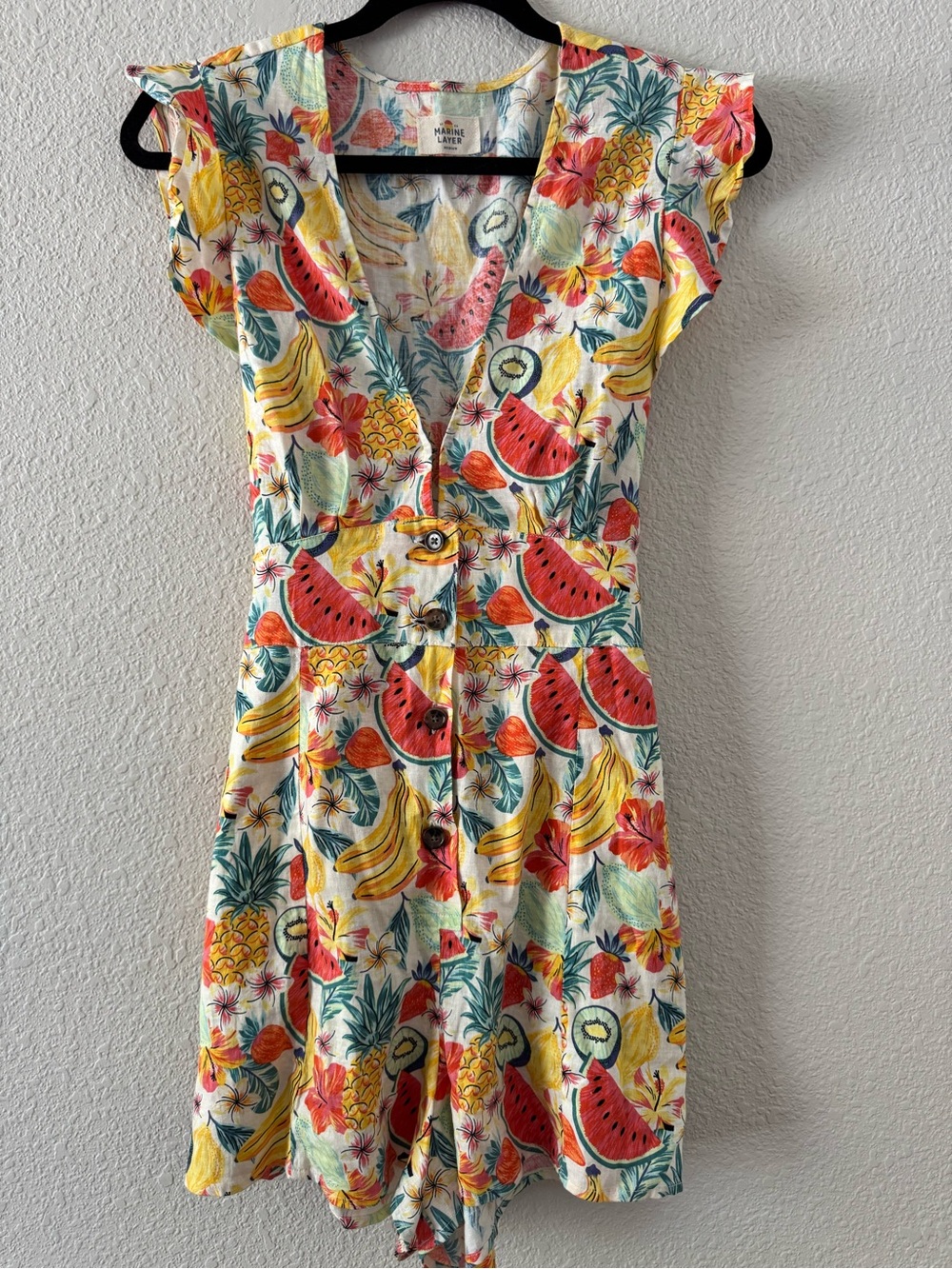 Marine Layer Camila Romper Floral Tropical Fruit Jumpsuit Ruffle Sleeve Medium
